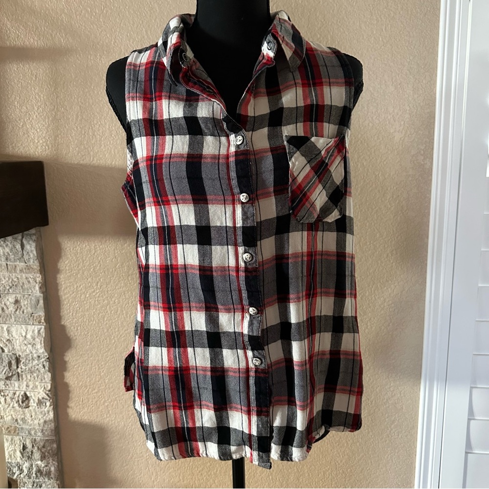 SHYANNE plaid flannel sleeveless snap up shirt women's M summer rodeo top